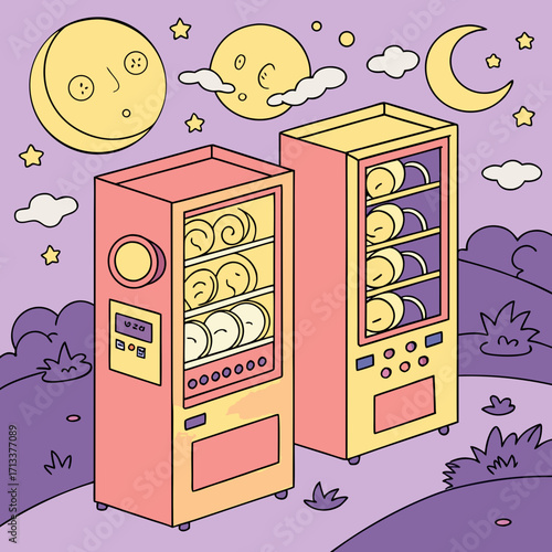 Vector art of two vending machines stand under a night sky with moons, stars, and clouds, dispensing baked goods in a whimsical and charming illustration, creating a delightful and surreal scene