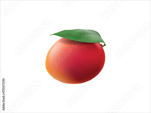 Highly detailed 3D realistic vector of a red ripe mango with green leaves, ideal for tropical food themes, organic market designs, and summer fruit illustrations.