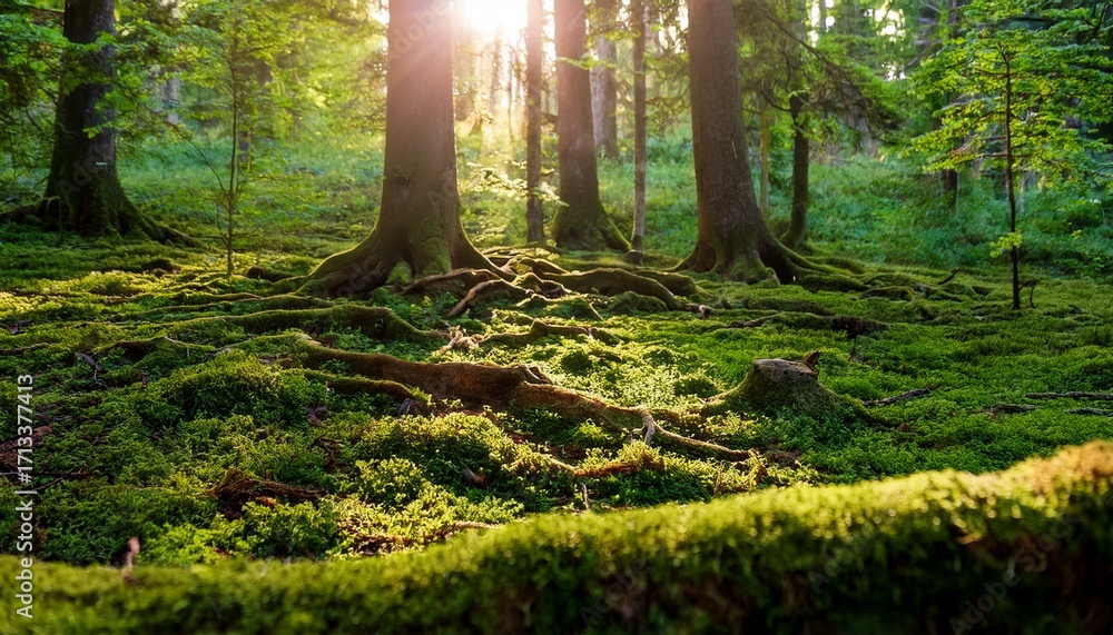 Fototapeta premium Sunlit Forest Floor Covered In Lush Green Moss And Ancient Tree Roots