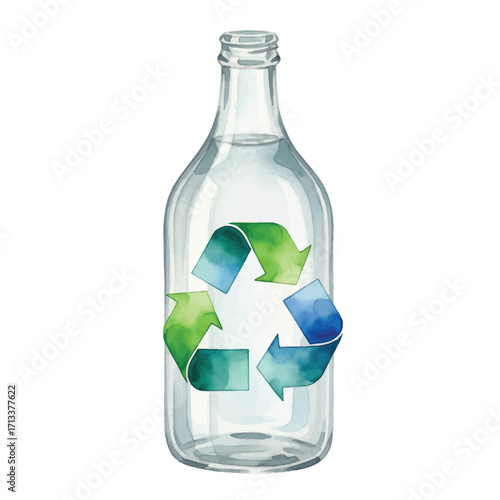 Watercolor Illustration of a Glass Bottle with a Recycling Symbol, Emphasizing Sustainability