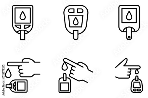Glucometer icon set, Blood glucose meter test, testing strip diabetes Glucose monitor, glucometer pharmacy on white background