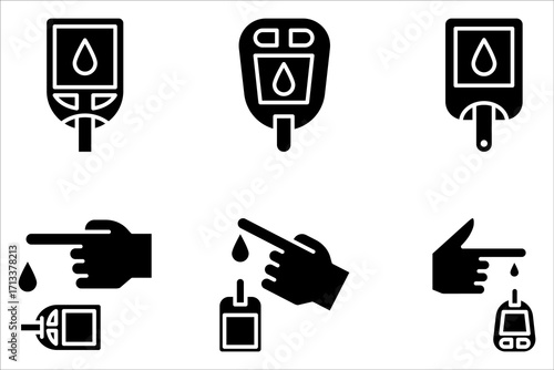 Glucometer icon set, Blood glucose meter test, testing strip diabetes Glucose monitor, glucometer pharmacy on white background