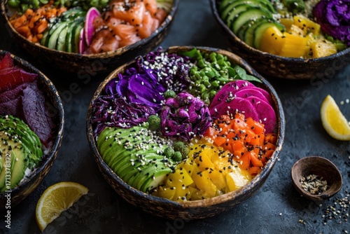 Vibrant Poke Bowls Overflowing with Fresh Ingredients and Toppings