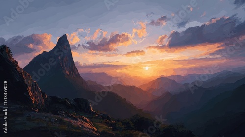 Vibrant Sunset over Majestic Layered Mountains with Dramatic Peak