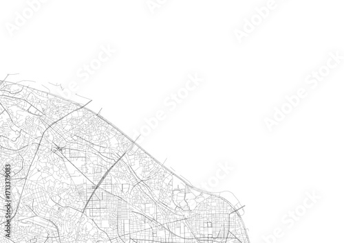 A detailed close-up vector map of Kawasaki's highway interchange and road network in black and white outline style.