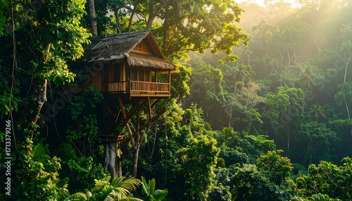 Lush jungle treehouse at dawn