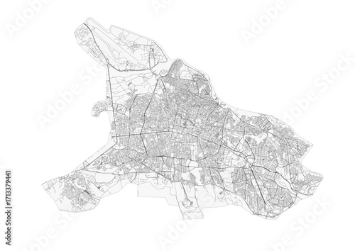 A minimalist black and white vector map of Tabriz city highways and major road networks, emphasizing clarity and detail.