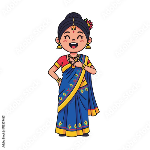 Cheerful Indian Woman in Traditional Sari A Cultural Cartoon Illustration