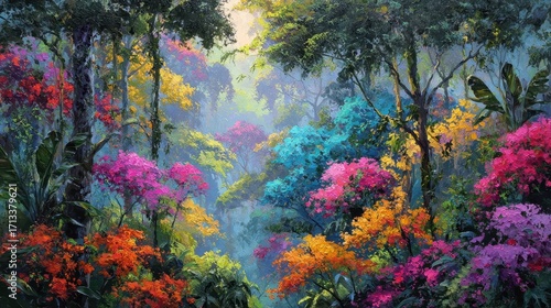Vibrant Tropical Rainforest: Colorful Blossoms and Lush Foliage in Misty Sunlight