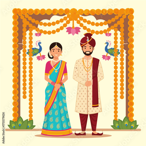 Happy couple celebrating Indian wedding tradition with joy