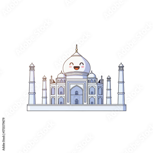 Whimsical Taj Mahal Cartoon with Smiling Kawaii Expression, Tourism Icon