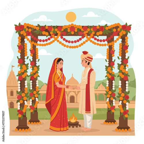 Happy Indian couple holding hands at traditional wedding ceremony