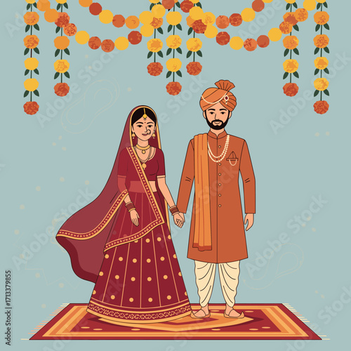 Indian couple celebrating wedding under floral arch