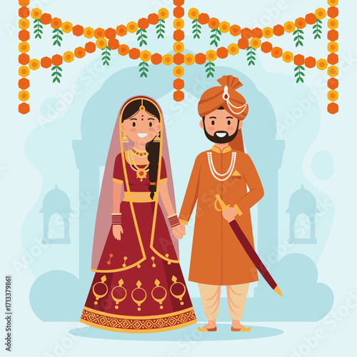 Indian couple celebrating wedding under floral arch