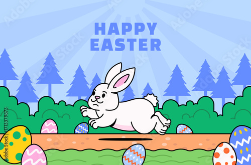 White Easter bunny jumping on a path surrounded by colorful decorated eggs, green bushes, and trees in the background. Perfect for Easter holiday themes, celebration banners vector illustration
