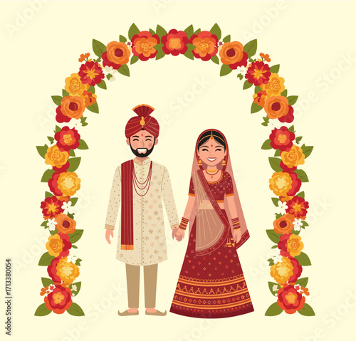 Indian wedding couple in traditional attire under floral arch