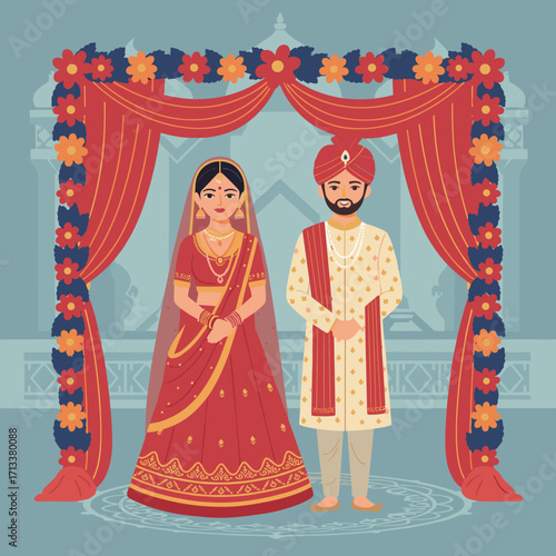 Joyful Indian couple celebrating wedding vows under mandap