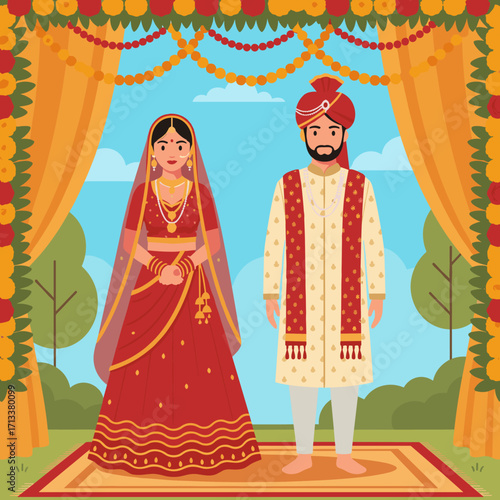Joyful Indian couple celebrating wedding vows under mandap