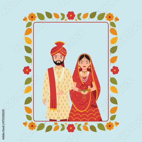 Happy Indian wedding couple in traditional attire with flowers