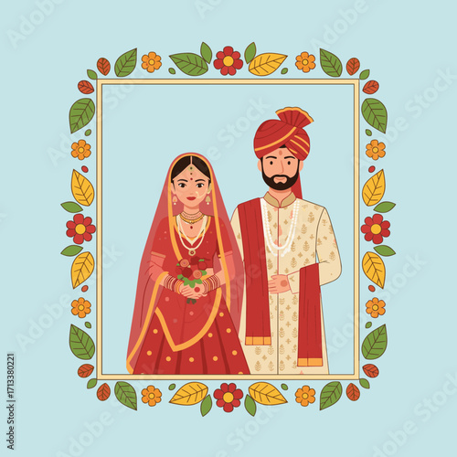 Joyful Indian wedding couple framed by floral border