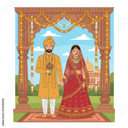 Joyful Indian wedding couple holding hands under mandap