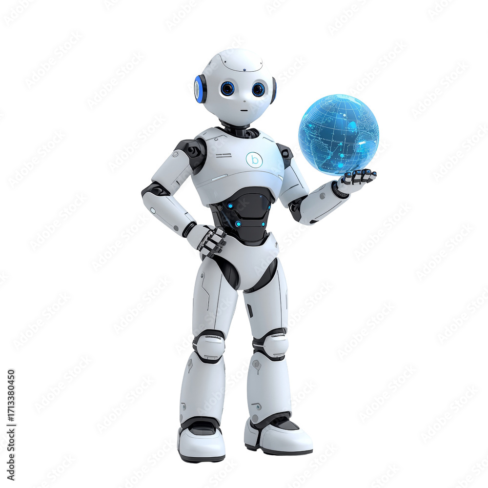 Fototapeta premium Futuristic humanoid robot holding a glowing orb against a transparent space