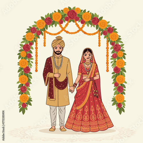 Happy Indian couple holding hands at traditional wedding ceremony