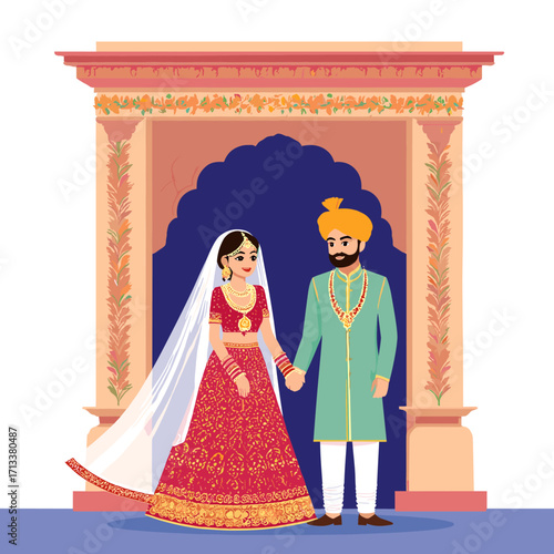 Indian bride and groom holding hands under arch