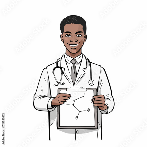 Smiling doctor presenting medical chart, healthcare professional with stethoscope, patient care concept