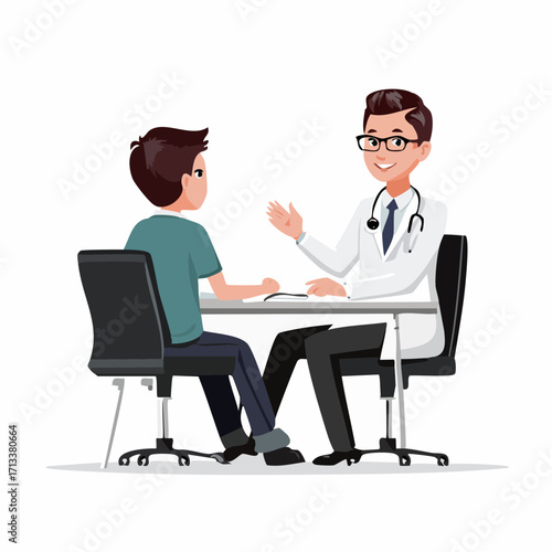 Doctor consulting patient in a medical office setting, discussing health and treatment options