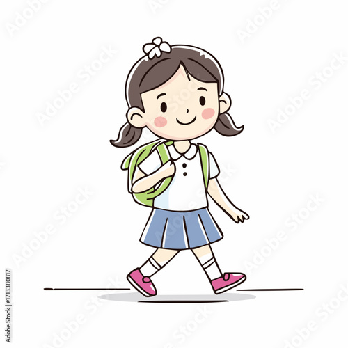 Smiling schoolgirl walking to school with backpack, ready for a day of learning and fun adventures