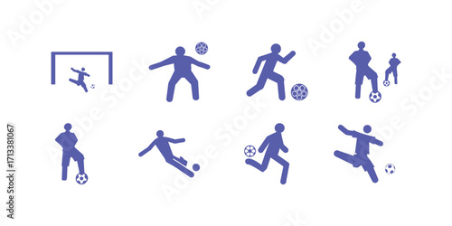 Silhouette vector illustration of soccer or football players in action showing various playing poses, movement, and sports activity dynamic concepts