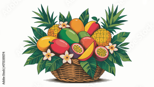 Delicious tropical fruit basket with mangoes pineapples and passion fruit vector illustration design art