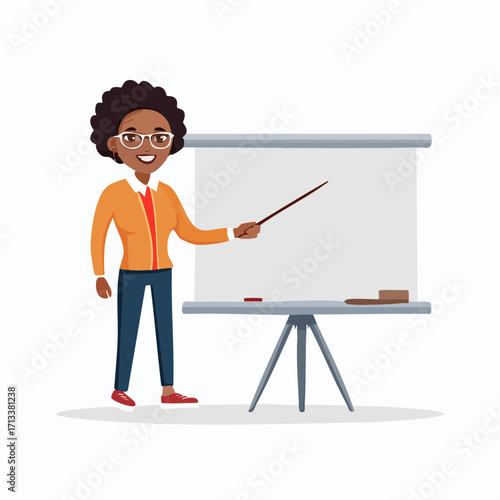 Smiling teacher presenting information with pointer in a classroom setting for education and business