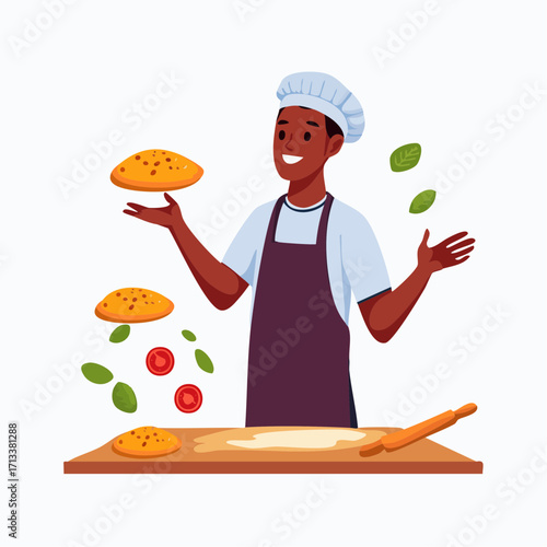 Happy chef tossing pizza dough and ingredients, creating a delicious culinary masterpiece
