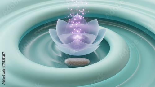 Zen meditation lotus flower with water ripples and stone for relaxation and mindfulness practice art