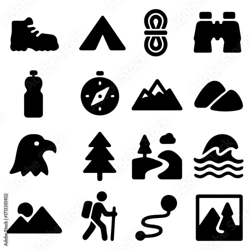 Adventure Icon: A meticulously crafted illustration set presenting essential tools and symbols for outdoor exploration and journey, beckoning explorers with a call for adventures.