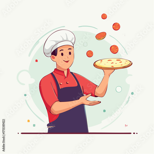 Chef expertly preparing pizza with flying pepperoni, perfect for restaurant menus and food blogs