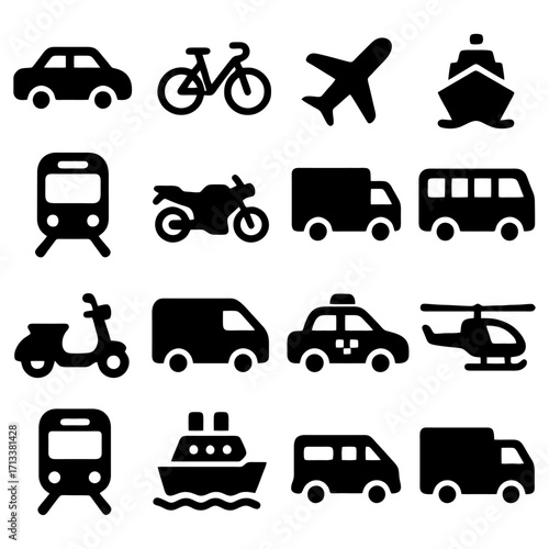 Transportation Icons: A collection of diverse transportation icons, encompassing various modes of transport from land, air and sea, presented in a sleek and simple style.
