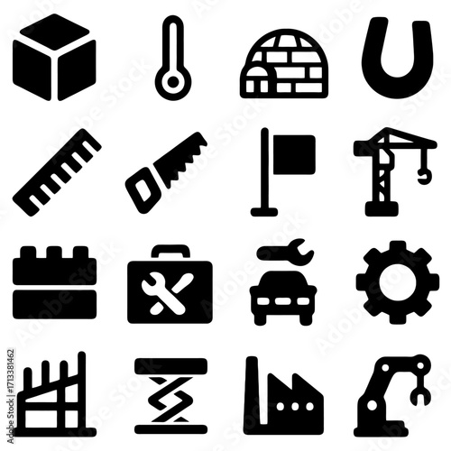 Industrial Icons: A collection of black industrial icons, presenting essential elements related to construction, manufacturing, and engineering. 