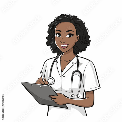 Smiling Black female doctor taking notes, perfect for healthcare, medical, and patient care projects