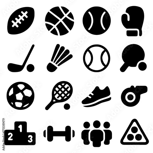 Variety of Sport Equipment Collection: A minimalist composition featuring diverse sport equipment icons in a unified style, representing various athletic activities and games.