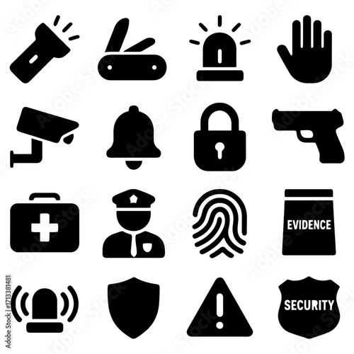 Security Icons: A collection of stylized security-related icons. From the simplest objects like a flashlight, knife, bell, and hand. to more complex forms like security cameras, sirens, hand guns.