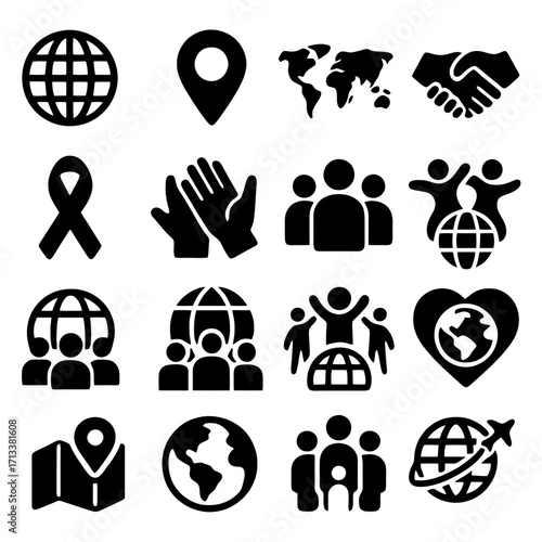 Global Unity Icons: A collection of black and white icons representing the interconnectedness of the world, symbolizing collaboration, support, and international relations.