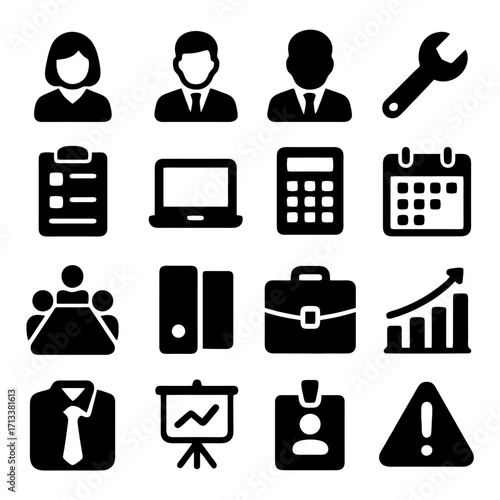 Business Iconography: A compilation of essential business icons, designed with a simple and easily-identifiable silhouette.