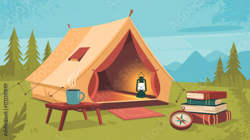 Camping tent outdoor adventure with lantern books compass and coffee in nature landscape illustration
