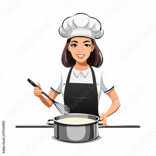 Smiling chef stirring sauce in a pot, ready to create a delicious culinary experience