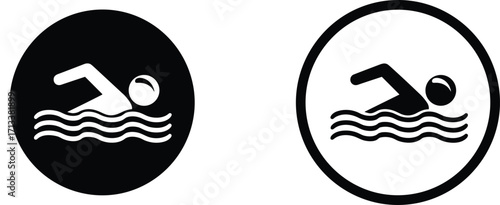 Swimming icons, pool signage, water activity symbols, swimmer graphics, aquatic facility, recreation design, black and white, swim zone, sports icon, fitness symbol, minimalist style
