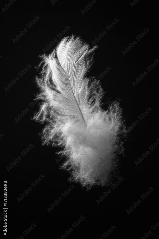 Obraz premium A single, fluffy white feather floats against a stark black background, its delicate barbs and downy texture sharply defined by dramatic lighting