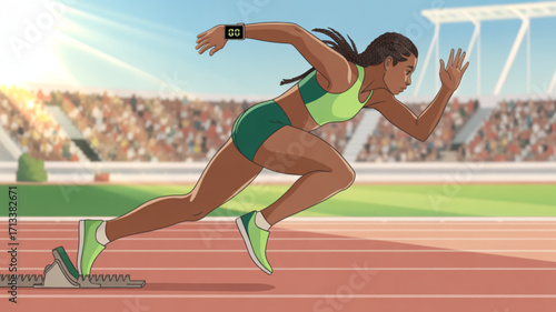 Female sprinter athlete running track starting block sprint race competition athletics sportswoman fitness 100m